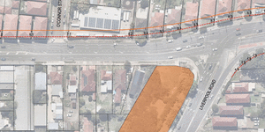 Houses at risk from the widening of Parramatta Road (red dotted line marks edge of the new road,the orange line the edge of the space including pavement).