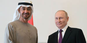 UAE ruler Sheikh Mohammed Bin Zayed Al Nahyan,with Vladimir Putin,said trade with Russia has doubled to $US5 billion over the previous three years,adding that there are about 4000 companies with Russian roots working in the Gulf state.