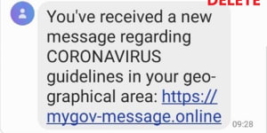 A fraudulent"myGov"text sent in the wake of the COVID-19 outbreak.