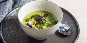 Amuse-gueule of chilled broad bean and wild garlic soup.
