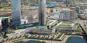 A design of the planned redevelopment of the Harbourside Shopping Centre included in the most recent concept proposal for the Darling Harbour site. The 166-metre tower is in the centre,while the existing Sofitel hotel is to the left.