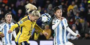 Sweden’s Rebecka Blomqvist scores in her country’s win over Argentina.