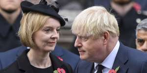 Former British prime ministers Liz Truss and Boris Johnson attending the Remembrance Sunday ceremony in November 2022.