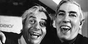 Sir Les Patterson (Barry Humphries),left,and comedian and actor Peter Cook at the first Melbourne International Comedy Festival.