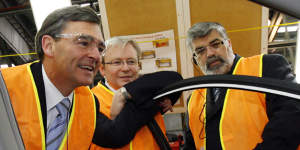 Then-premier John Brumby,prime minister Kevin Rudd and Kim Carr at Toyota’s Altona plant in 2008. 