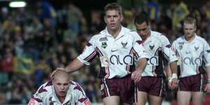 Brett Kimmorley and Mark O’Meley after a Northern Eagles loss in 2001.