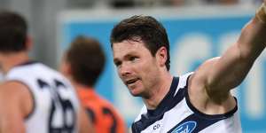 Superb shift:Patrick Dangerfield enjoys a major for the Cats during their win over GWS in round 23. 