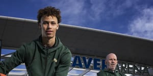 Dyson Daniels (left) with Boomers coach Brian Goorjian.