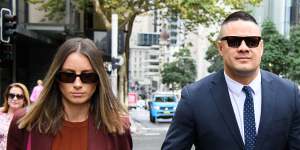 Jarryd Hayne arrives at court on Friday with his wife,Amellia Bonnici.