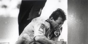 Shattered:Bruce McGuire after Balmain’s loss to the Raiders in 1989.