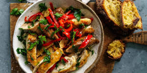 Hot,sour,sweet and savoury:Chicken,sausage and capsicum bake.