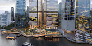 Waterfront Brisbane’s two towers (centre),with Riparian Plaza to the right.