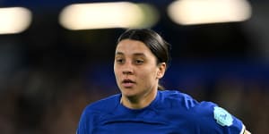 LONDON,ENGLAND - NOVEMBER 23:Sam Kerr of Chelsea during the UEFA Women’s Champions League group stage match between Chelsea FC and Paris FC at Stamford Bridge on November 23,2023 in London,England. (Photo by Justin Setterfield/Getty Images)
