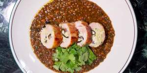 Chicken ballotine and Puy lentils cooked in master stock. 