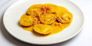 Spanner crab ravioli with pumpkin bisque.