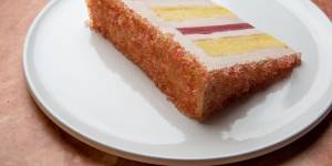 Arc Dining's peach melba cake iced with finger limes
