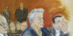 A courtroom artist's sketch,of defendant Jeffrey Epstein,with attorneys Martin Weinberg,left,and Marc Fernich during his arraignment in New York federal court on Monday.