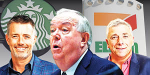 Starbucks Australia CEO Chris Garlick (left),billionaire Russell Withers (middle) and 7-Eleven Australia CEO Angus McKay. Withers is the owner of both businesses,but recently sold the convenience store chain.