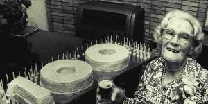 Margaret Aisbett celebrating her 100th birthday in Dundas in 1976. Aisbett was really only 24 years old,being born on February 29 a leap year. 