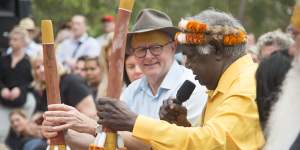 Prime Minister Anthony Albanese at the Garma festival in East Arnhem Land in July,where he outlined three sentences that could be added to the Constitution to establish the Voice if a referendum succeeded.