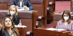 Deputy Leader of the Australian Greens in the Senate,Senator Lidia Thorpe,approaches the table to be sworn-in,in the Senate at Parliament House in Canberra.