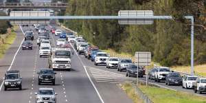 A growing queue of cars to leave the Princes Freeway at Werribee’s western exit.