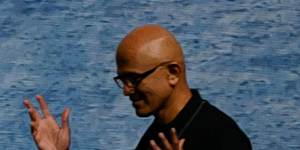 Chairman and CEO of Microsoft Satya Nadella speaks on stage during the Microsoft AI Tour in Sydney.