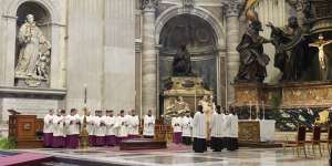 The coffin of Cardinal George Pell in St Peter’s Basilica before the requiem mass.