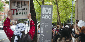 Students Against War protest against the sacking of Antoinette Lattouf and the broader issue of silencing journalists,outside the ABC headquarters in Sydney on Thursday. 