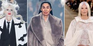New York Fashion Week’s mature approach:Kristen McMenamy,59,in Thom Browne;Anh Duong,63,in Helmut Lang;Rachel Waller in Batsheva,65.