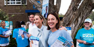 Pittwater teal candidate Jacqui Scruby with federal teal MP for Mackellar,Sophie Scamps,at Warriewood on Saturday. The northern beaches seat is too close to call.
