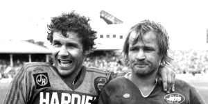 Parramatta’s Steve Edge and Newtown’s Tom Raudonikis after the Eels’ 1981 grand final victory over the Jets.