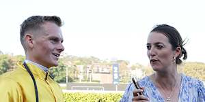 Annabel Neasham speaks with jockey Ethan Brown after Bois D’argent’s win.