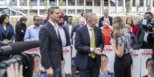 Labor leader Anthony Albanese on the hustings with Parramatta candidate Andrew Charlton.