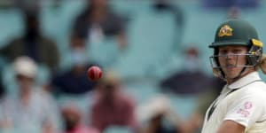 Will Pucovski lets a ball pass on his Test debut against India at the SCG.