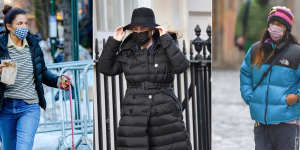 From left:Helena Christensen,Rebel Wilson and Jared Leto sporting puffer jackets.