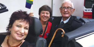 (From left) Melissa Gibson with 78ers Julie McCrossin and Ron Austin at the Sydney Mardi Gras in 2013. 