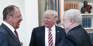 US President Donald Trump with Russian Foreign Minister Sergey Lavrov,left,and Russian ambassador to the US Sergey Kislyak in the White House in May.