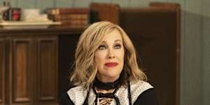 Fold the cheese? Catherine O’Hara as Moira Rose in a scene from Schitt’s Creek.