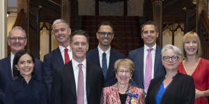 The interim Minns cabinet:Michael Daley,Prue Car,John Graham,Chris Minns,Daniel Mookhey,Ryan Park,Penny Sharpe and Jo Haylen – with Governor Margaret Beazley. 