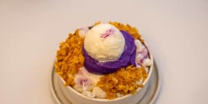 Shaved milk ice bingsu topped with ube (purple yam).