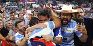 Agustin Creevy of Argentina celebrates victory with members of the crowd at full-time.