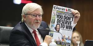 Kevin Rudd at a Senate hearing on media diversity in Australia earlier this year. He will use a second appearance to call for the media watchdog to be abolished after Sky News broadcast views denying the existence of the COVID-19 pandemic.