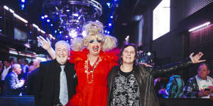 Bobby Goldsmith Foundation co-founder Ken Bryan with drag queen Joyce Maynge and Goldsmith’s niece Jen Hancock.