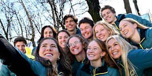 Team Australia athletes pose for a photo in Italy after the Olympic team announcement in January. 
