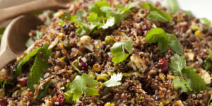 Quinoa and red rice salad with spicy cauliflower and black lentils.