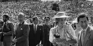 Then-Prince Charles with his first wife,Princess Diana,at the Sydney Opera House during an Australian tour in 1983.