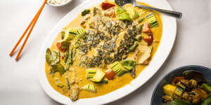 The whole Thai-style “fish” is a signature dish at Vegie Mum.