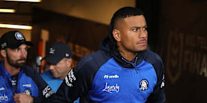 Bulldogs captain Stephen Crichton on cruches on Friday night.