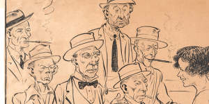 This group portrait of members of the Australian Society of Black and White Artists in 1924 by founding president Cecil Hartt,featuring then PM Billy Hughes,is in the new State Library display.